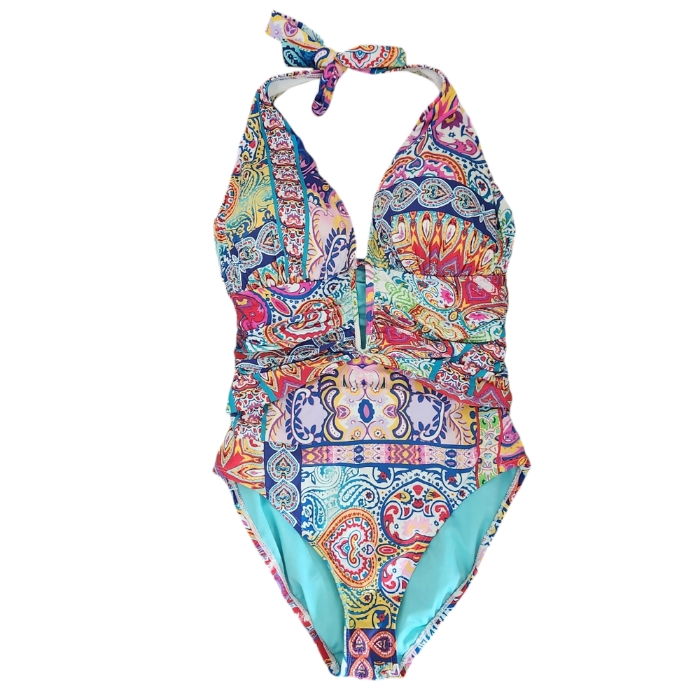 Bleu Rod Beattie Paisely Multicolor Pattern One Piece Swimsuit Size 10